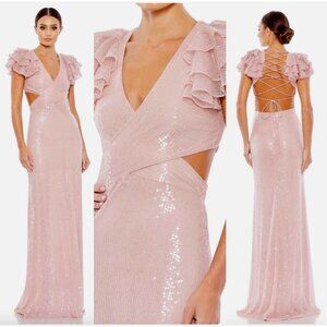 MAC DUGGAL 10829 SEQUINED RUFFLED CUTOUT LACE UP BACK ROSE GOWN sz 6